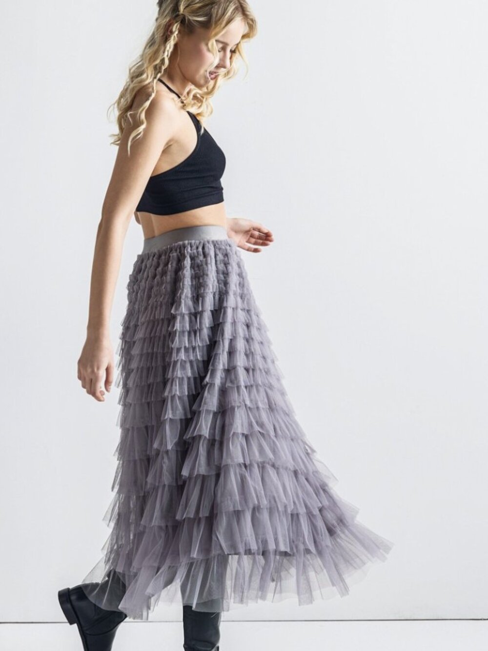 B75 Tiered Tulle Maxi Skirt Boho Western Grey NEW